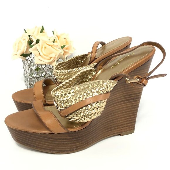 COACH WEDGE PLATFORM SANDALS GOLD BROWN SIZE 7.5 - Picture 1 of 8
